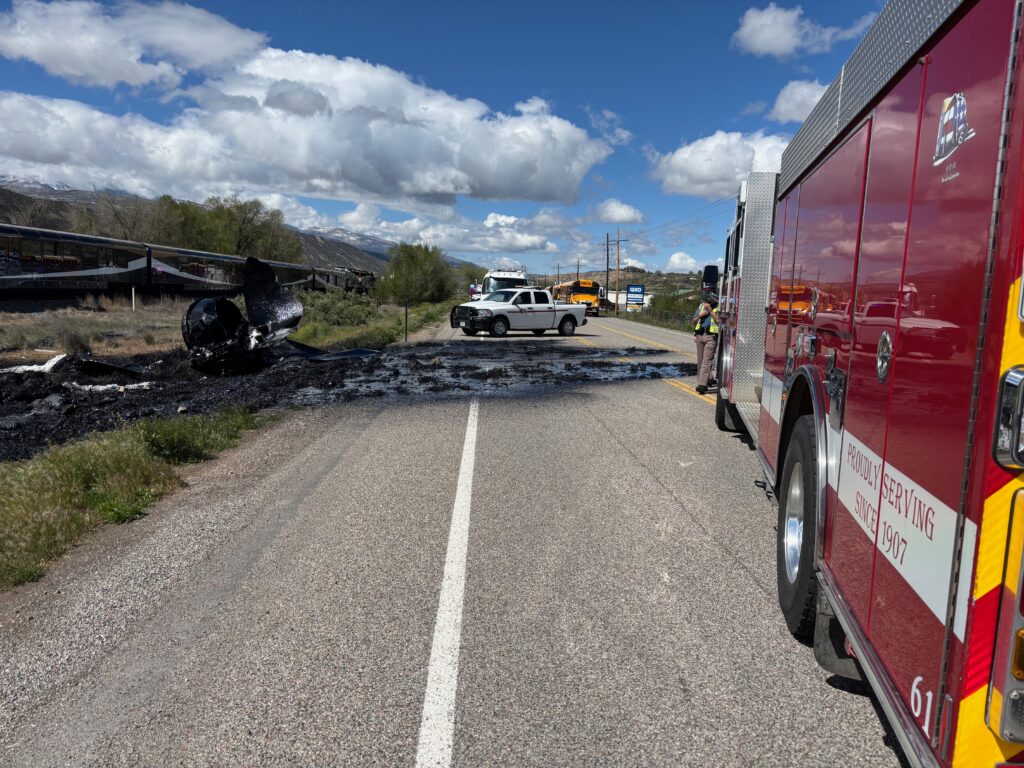 A Colorado State Patrol photograph of the tanker and train collision near Rifle on May 6, 2026.