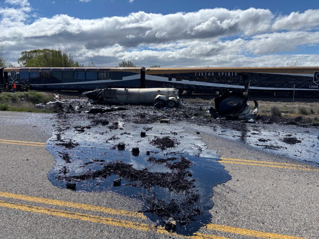 A Colorado State Patrol photograph of the tanker and train collision near Rifle on May 6, 2026.