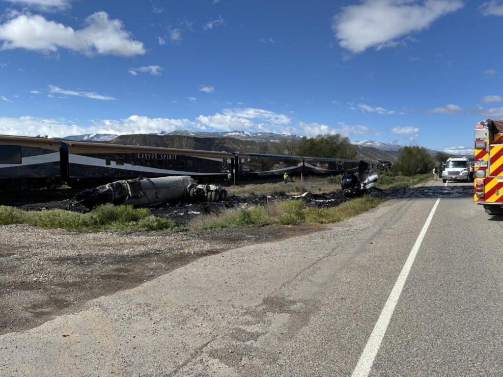 A train vs. tanker truck collision at a railroad crossing just east of Rifle.