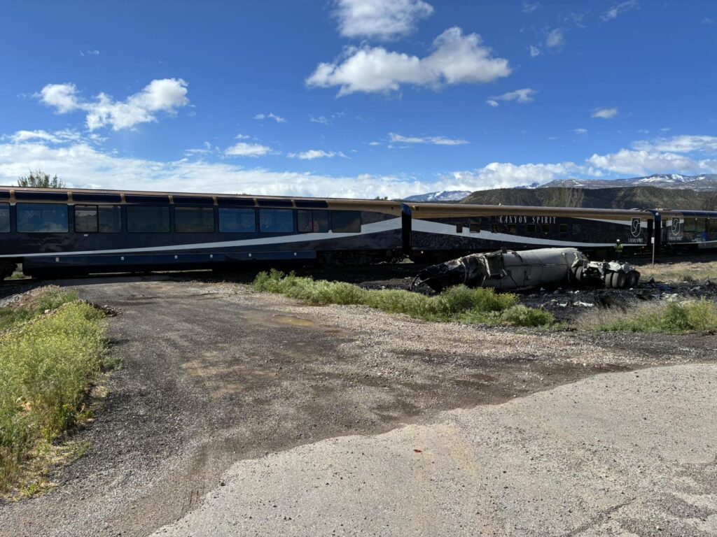 A train vs. tanker truck collision at a railroad crossing just east of Rifle.