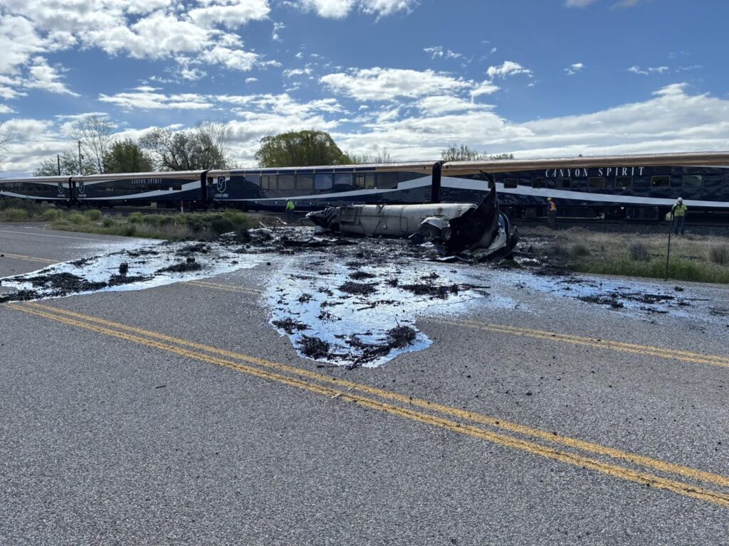 A train vs. tanker truck collision at a railroad crossing just east of Rifle.