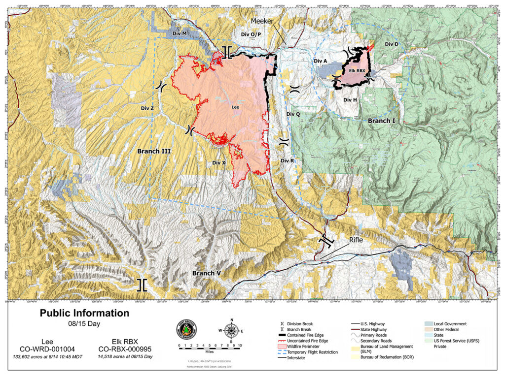 Map of the Elk and Lee fires on August 15, 2025.