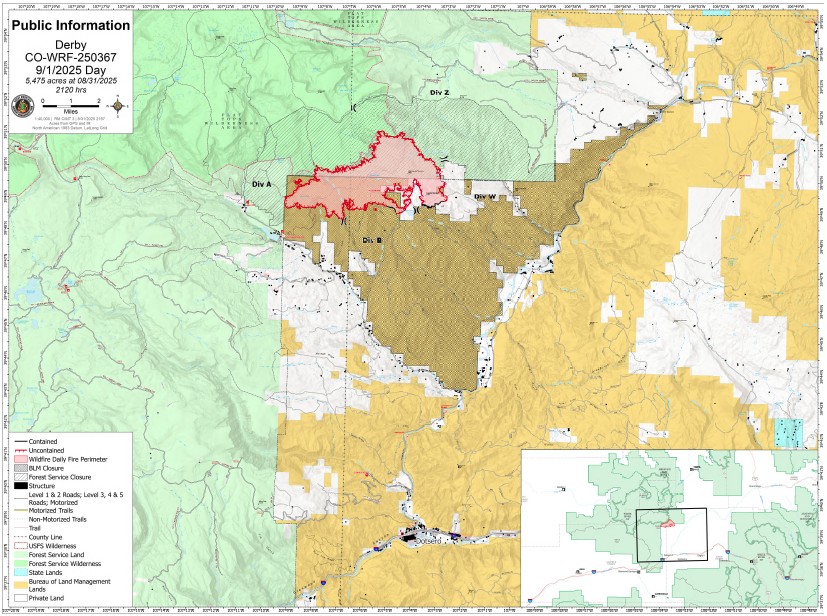 A map of the Derby Fire from Sept. 1, 2025