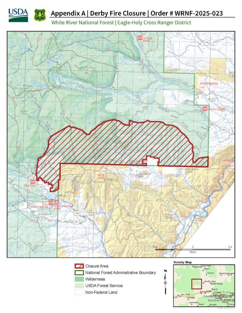 Map of National Forest Service land closure for Derby Fire