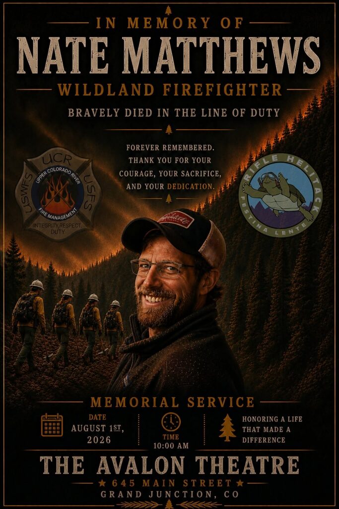 Graphic depicting Nate Matthews memorial set for August 1, 2026 at The Avalon Theater, 645 Main Street, Grand Junction, CO at 10 a.m.
