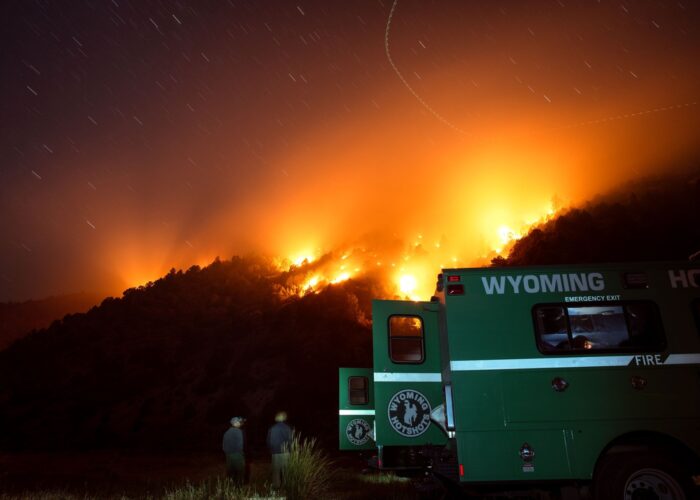Wyoming Interagency Hotshot Crew conducts night operations on the Lee Fire. Photo by Wyoming IHC