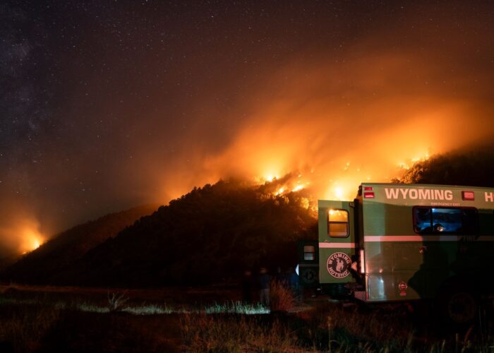 Wyoming Interagency Hotshot Crew conducts night operations on the Lee Fire. Photo by Wyoming IHC